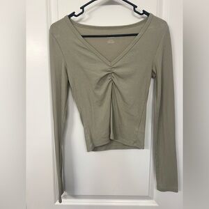 American Eagle Outfitters V-Neck Ruched Top - Light Olive